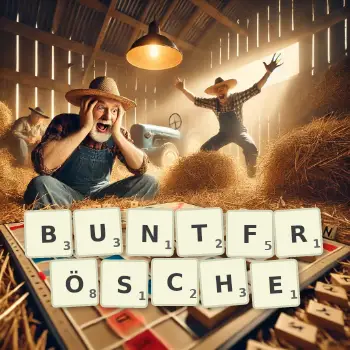 Kreative Illustration für ein Scrabble-Spiel, bei dem das Wort BUNTFRÖSCHE mit Steinen auf dem Brett gelegt wurde.