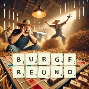 Kreative Illustration für ein Scrabble-Spiel, bei dem das Wort BURGFREUND mit Steinen auf dem Brett gelegt wurde.