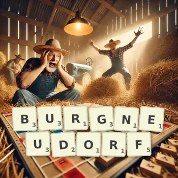 Kreative Illustration für ein Scrabble-Spiel, bei dem das Wort BURGNEUDORF mit Steinen auf dem Brett gelegt wurde.