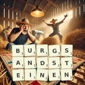 Kreative Illustration für ein Scrabble-Spiel, bei dem das Wort BURGSANDSTEINEN mit Steinen auf dem Brett gelegt wurde.