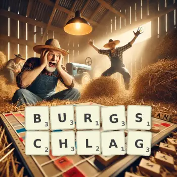Kreative Illustration für ein Scrabble-Spiel, bei dem das Wort BURGSCHLAG mit Steinen auf dem Brett gelegt wurde.