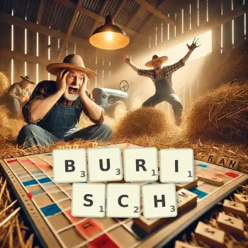 Kreative Illustration für ein Scrabble-Spiel, bei dem das Wort BURISCH mit Steinen auf dem Brett gelegt wurde.