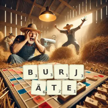 Kreative Illustration für ein Scrabble-Spiel, bei dem das Wort BURJÄTE mit Steinen auf dem Brett gelegt wurde.