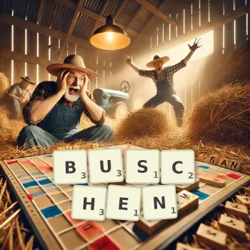 Kreative Illustration für ein Scrabble-Spiel, bei dem das Wort BUSCHEN mit Steinen auf dem Brett gelegt wurde.