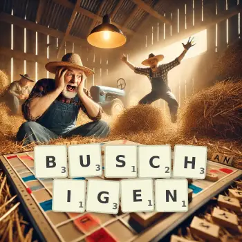 Kreative Illustration für ein Scrabble-Spiel, bei dem das Wort BUSCHIGEN mit Steinen auf dem Brett gelegt wurde.
