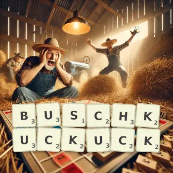 Kreative Illustration für ein Scrabble-Spiel, bei dem das Wort BUSCHKUCKUCK mit Steinen auf dem Brett gelegt wurde.