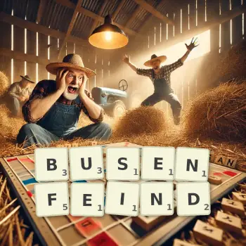 Kreative Illustration für ein Scrabble-Spiel, bei dem das Wort BUSENFEIND mit Steinen auf dem Brett gelegt wurde.