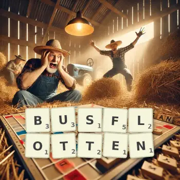 Kreative Illustration für ein Scrabble-Spiel, bei dem das Wort BUSFLOTTEN mit Steinen auf dem Brett gelegt wurde.