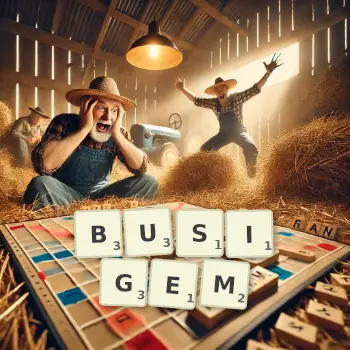 Kreative Illustration für ein Scrabble-Spiel, bei dem das Wort BUSIGEM mit Steinen auf dem Brett gelegt wurde.