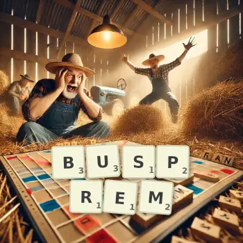 Kreative Illustration für ein Scrabble-Spiel, bei dem das Wort BUSPREM mit Steinen auf dem Brett gelegt wurde.
