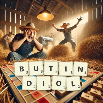 Kreative Illustration für ein Scrabble-Spiel, bei dem das Wort BUTINDIOL mit Steinen auf dem Brett gelegt wurde.