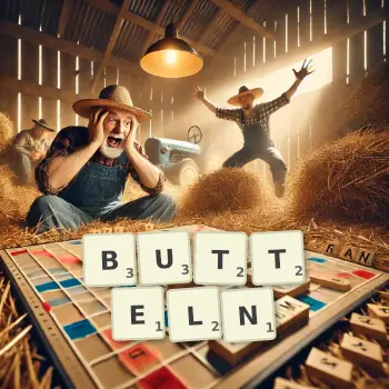 Kreative Illustration für ein Scrabble-Spiel, bei dem das Wort BUTTELN mit Steinen auf dem Brett gelegt wurde.