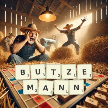 Kreative Illustration für ein Scrabble-Spiel, bei dem das Wort BUTZEMANN mit Steinen auf dem Brett gelegt wurde.