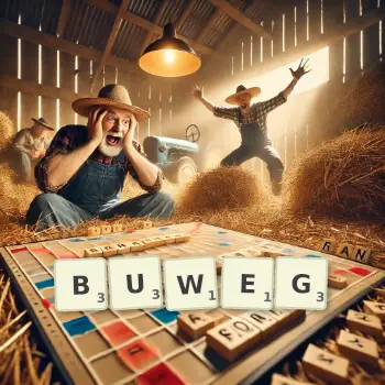 Kreative Illustration für ein Scrabble-Spiel, bei dem das Wort BUWEG mit Steinen auf dem Brett gelegt wurde.