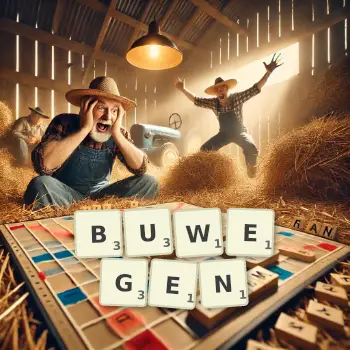 Kreative Illustration für ein Scrabble-Spiel, bei dem das Wort BUWEGEN mit Steinen auf dem Brett gelegt wurde.