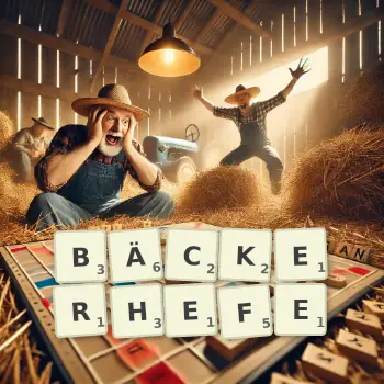 Kreative Illustration für ein Scrabble-Spiel, bei dem das Wort BÄCKERHEFE mit Steinen auf dem Brett gelegt wurde.