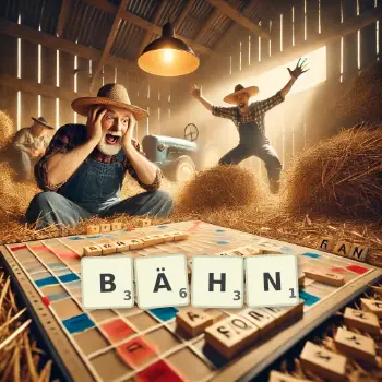 Kreative Illustration für ein Scrabble-Spiel, bei dem das Wort BÄHN mit Steinen auf dem Brett gelegt wurde.