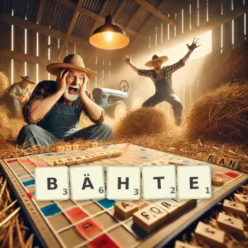 Kreative Illustration für ein Scrabble-Spiel, bei dem das Wort BÄHTE mit Steinen auf dem Brett gelegt wurde.