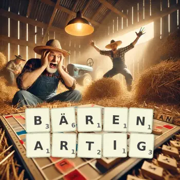 Kreative Illustration für ein Scrabble-Spiel, bei dem das Wort BÄRENARTIG mit Steinen auf dem Brett gelegt wurde.