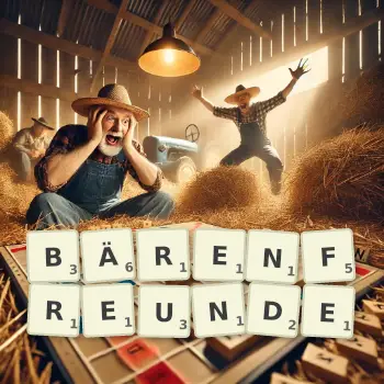 Kreative Illustration für ein Scrabble-Spiel, bei dem das Wort BÄRENFREUNDE mit Steinen auf dem Brett gelegt wurde.