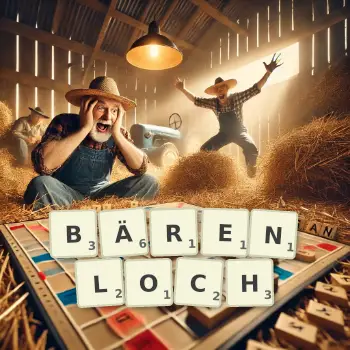 Kreative Illustration für ein Scrabble-Spiel, bei dem das Wort BÄRENLOCH mit Steinen auf dem Brett gelegt wurde.