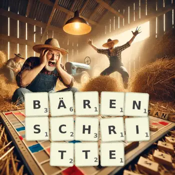Kreative Illustration für ein Scrabble-Spiel, bei dem das Wort BÄRENSCHRITTE mit Steinen auf dem Brett gelegt wurde.