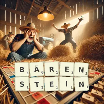 Kreative Illustration für ein Scrabble-Spiel, bei dem das Wort BÄRENSTEIN mit Steinen auf dem Brett gelegt wurde.
