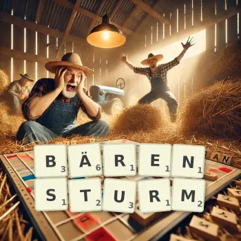 Kreative Illustration für ein Scrabble-Spiel, bei dem das Wort BÄRENSTURM mit Steinen auf dem Brett gelegt wurde.
