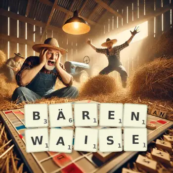 Kreative Illustration für ein Scrabble-Spiel, bei dem das Wort BÄRENWAISE mit Steinen auf dem Brett gelegt wurde.