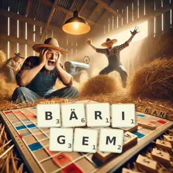 Kreative Illustration für ein Scrabble-Spiel, bei dem das Wort BÄRIGEM mit Steinen auf dem Brett gelegt wurde.