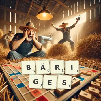 Kreative Illustration für ein Scrabble-Spiel, bei dem das Wort BÄRIGES mit Steinen auf dem Brett gelegt wurde.