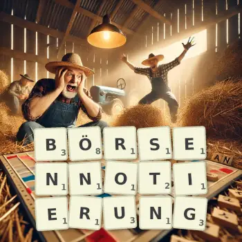 Kreative Illustration für ein Scrabble-Spiel, bei dem das Wort BÖRSENNOTIERUNG mit Steinen auf dem Brett gelegt wurde.