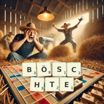 Kreative Illustration für ein Scrabble-Spiel, bei dem das Wort BÖSCHTE mit Steinen auf dem Brett gelegt wurde.