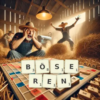 Kreative Illustration für ein Scrabble-Spiel, bei dem das Wort BÖSEREN mit Steinen auf dem Brett gelegt wurde.