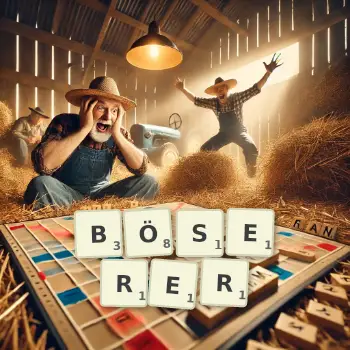 Kreative Illustration für ein Scrabble-Spiel, bei dem das Wort BÖSERER mit Steinen auf dem Brett gelegt wurde.