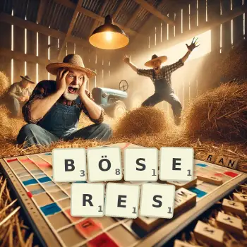 Kreative Illustration für ein Scrabble-Spiel, bei dem das Wort BÖSERES mit Steinen auf dem Brett gelegt wurde.