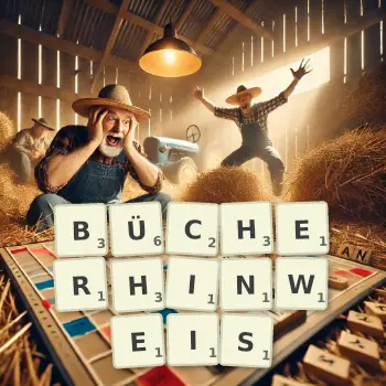 Kreative Illustration für ein Scrabble-Spiel, bei dem das Wort BÜCHERHINWEIS mit Steinen auf dem Brett gelegt wurde.