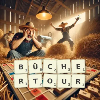Kreative Illustration für ein Scrabble-Spiel, bei dem das Wort BÜCHERTOUR mit Steinen auf dem Brett gelegt wurde.