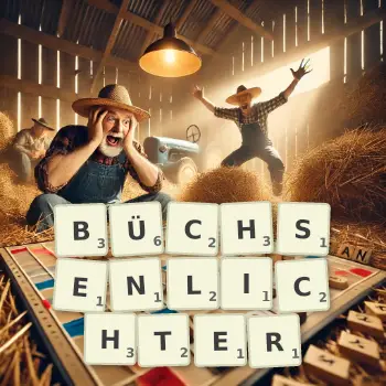 Kreative Illustration für ein Scrabble-Spiel, bei dem das Wort BÜCHSENLICHTER mit Steinen auf dem Brett gelegt wurde.