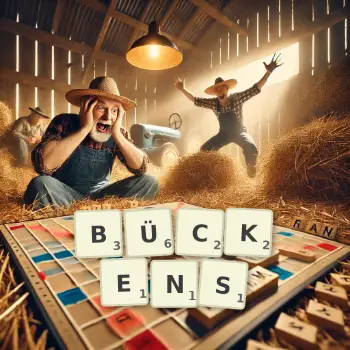 Kreative Illustration für ein Scrabble-Spiel, bei dem das Wort BÜCKENS mit Steinen auf dem Brett gelegt wurde.