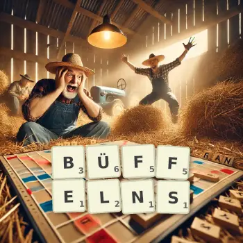 Kreative Illustration für ein Scrabble-Spiel, bei dem das Wort BÜFFELNS mit Steinen auf dem Brett gelegt wurde.