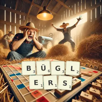 Kreative Illustration für ein Scrabble-Spiel, bei dem das Wort BÜGLERS mit Steinen auf dem Brett gelegt wurde.