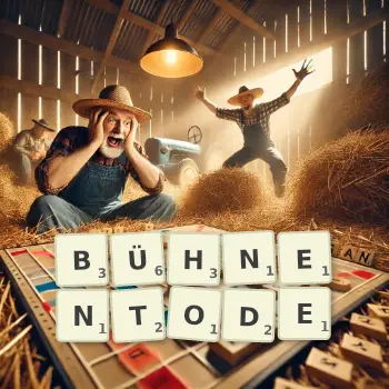 Kreative Illustration für ein Scrabble-Spiel, bei dem das Wort BÜHNENTODE mit Steinen auf dem Brett gelegt wurde.