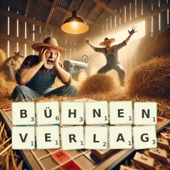 Kreative Illustration für ein Scrabble-Spiel, bei dem das Wort BÜHNENVERLAG mit Steinen auf dem Brett gelegt wurde.