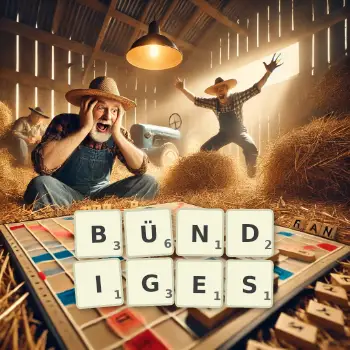 Kreative Illustration für ein Scrabble-Spiel, bei dem das Wort BÜNDIGES mit Steinen auf dem Brett gelegt wurde.