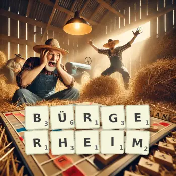 Kreative Illustration für ein Scrabble-Spiel, bei dem das Wort BÜRGERHEIM mit Steinen auf dem Brett gelegt wurde.