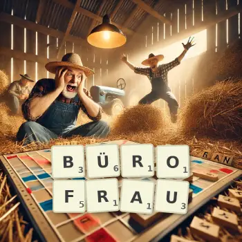 Kreative Illustration für ein Scrabble-Spiel, bei dem das Wort BÜROFRAU mit Steinen auf dem Brett gelegt wurde.
