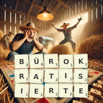 Kreative Illustration für ein Scrabble-Spiel, bei dem das Wort BÜROKRATISIERTE mit Steinen auf dem Brett gelegt wurde.