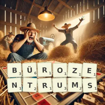 Kreative Illustration für ein Scrabble-Spiel, bei dem das Wort BÜROZENTRUMS mit Steinen auf dem Brett gelegt wurde.