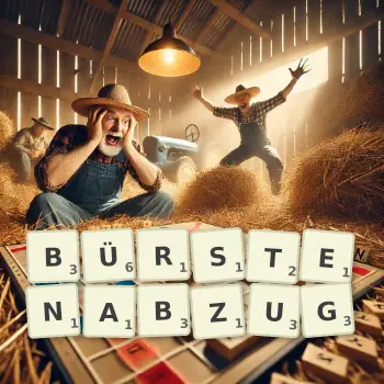 Kreative Illustration für ein Scrabble-Spiel, bei dem das Wort BÜRSTENABZUG mit Steinen auf dem Brett gelegt wurde.